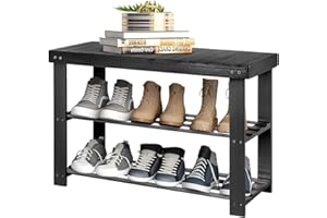 CROWNSHOP Shoe Bench Shoe Rack 3 Tier Shoe Storage Organiser Shelf Bamboo Stand Shoe Shelving Entryway strorage unit with Seat for Hall Bathroom Bedroom Living Room Hallway Black