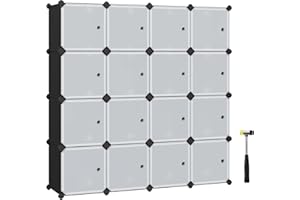SONGMICS Meuble de Rangement Modulable, 16 Cubes, Étagère en Plastique, avec Portes, pour Vêtements, Chaussures, Livres, Assemblage Facile, Noir LPC44HS