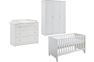 arthur berndt THILO Babyzimmer Komplettset 3-teilig, Kinderbett (70 x 140 cm), Wickelkommode mit Wickelaufsatz und Kleiderschrank MDF Weiß - Made in Germany