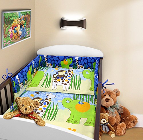 COT BUMPER 100% COTTON PADDED FOR BABY FIT COT 120x60 140x70 STRAIGHT (180cm to fit cot 120x60cm, Monkey Blue)