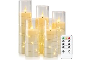 Homemory Flickering Flameless Candles with String Lights, Battery Operated Candles with Remote Control and Timer, Embedded Fairy Lights LED Candles, Acrylic, Home Decoration, White, Set of 5