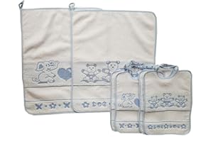 OM DOLCE CASA M&O Set 2 SALVIETTE + 4 BAVAGLIE BAVETTE Bavaglini con Elastico Colore Azzurro Maschio Bambino Baby NEONATO Disegno Orsetto + Elefante 100% Cotone per Asilo Nido E Scuola Materna Prodotto Italiano