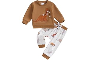 XIXIMAON Toddler Baby Boy Dinosaur Tracksuit Set Long Sleeve Sweatshirt Top Drawstring Pants Set 2 Piece Baby Winter Clothes Set