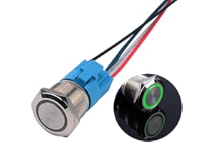 JIQI 22mm 12V bis 24V 5A Verriegelung Druckschalter Metall Rastend EIN/AUS Schalter mit LED Licht IP66 1NO1NC Selbsthemmende wasserdichte vorverdrahte Druckknopfschalter für Van KFZ DIY Motorrad(Grün)
