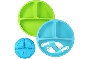 ANTUREBAY Suction Plates for Babies, 100% SiliconeToddler Plates,Divided Baby Plates, Dishwasher & Microwave Friendly,Food Grade Silicone Kids Plates with Spoon Fork (Blue,Green)
