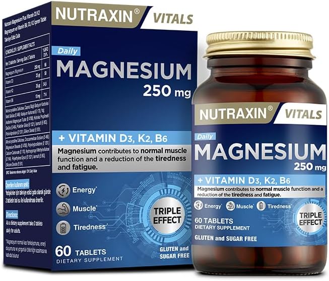 Nutraxin Magnesium Daily 250 mg | Magnezyum, D3K2 ve B6 Vitaminli | Şeker ve Gluten İçermez | 60 Tablet