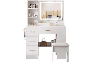 BEHOMHAZQ Dressing Table with Mirror and Stool: Vanity Desk with Mirror and Drawers, Open Shelves, White Vanity Dressing Table for Bedroom with Led Light, 3 Color Light & Adjustable Brightness