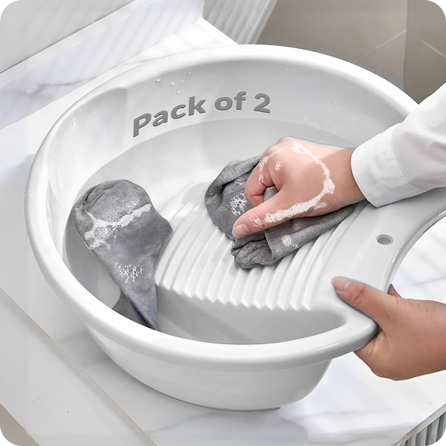 LIVINGBASICS 2 Pieces Wash Board â€“ Anti-Slip Basin Tub for Clothes