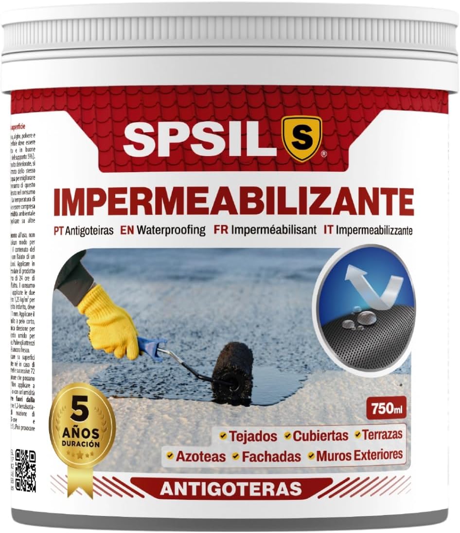 SPSIL Pintura Impermeabilizante Blanca 750 ml-Sellador Antihumedad y Antifiltraciones para Tejados, Terrazas, Cubiertas y Fachadas – Secado Rápido 1-2 h-Protección Exterior Duradera hasta 5 Años