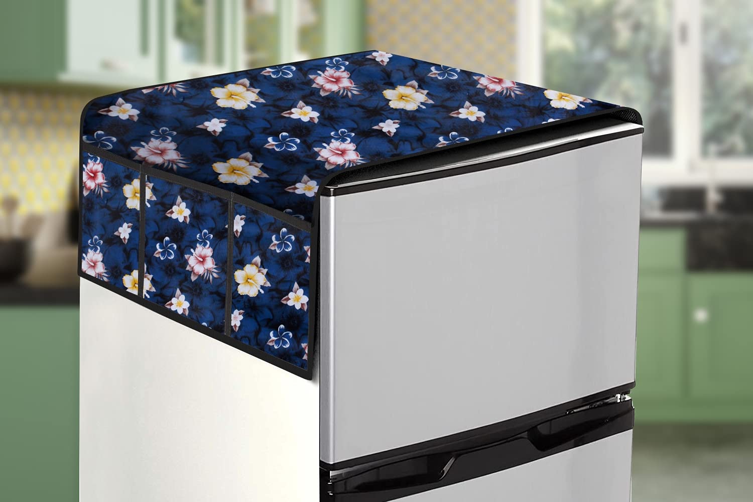 Stylista Dust & Stain Free Fridge Top Cover: Waterproof, 39x22, Floral Pattern Blue - A Must-Have for Organized Kitchens!