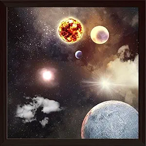 Pitaara Box Planets in Fantasy Space Canvas Painting Dark Brown Synthetic Frame 18 x 18 inch (46 x 46 cms)
