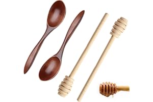 Aihoom Cuillères à Miel, 4 Cuillères à Miel en Bois, Inclure 2 Cuillères en Bois de 14 cm et 2 Mélangeurs à Miel de 15 cm, pour Miel, Confitures, Lait Concentré ou Sirop