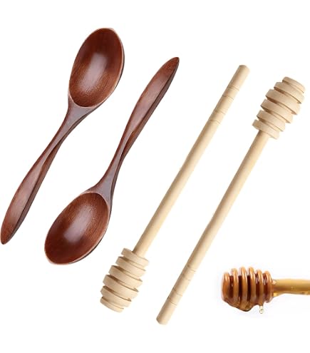 TOPBATHY – Lot De 5 Cuillères Bois Long Manche – Parfaites Pour Miel, Sirop, Confiture & Boissons Visqueuses – Naturel & Durable