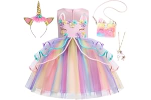 Emin Robe Licorne Enfant Fille Deguisement de Princesse Licorne avec Accessoires Robe de Princesse Noël Anniversaire Fête Halloween Carnaval Cosplay Costume