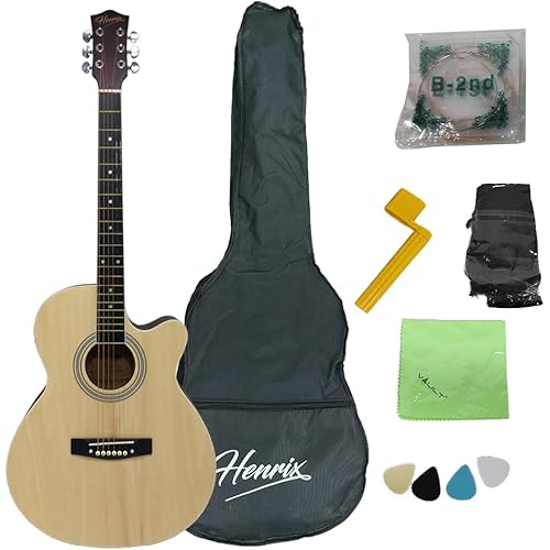 Henrix 40CE 40 Inch Cutaway Electro-Acoustic Guitar With Dual Action Truss Rod, Gigbag, Picks, String Set, String Winder, Strap, Polishing Cloth & Ebook - Natural