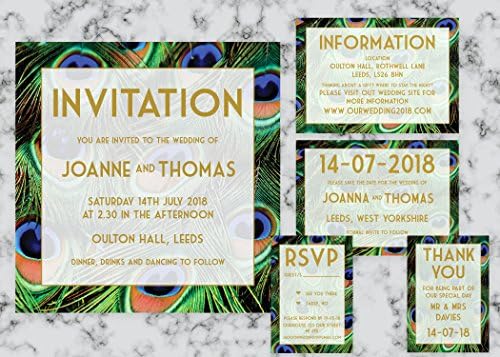 Wedding Invitations. Personalised Wedding Invitations. Peacock Wedding Invites. Wedding Stationery. Wedding Invitations And RSVPS. Invitation Packs. Wedding Invitation Bundles. Green Wedding Invites.