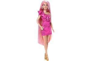 Barbie-Puppe, Fun & Fancy-Haar mit extralangem, farbenfrohem blondem Haar und glänzendem rosa Kleid, 10 Frisier- und Mode-Spielaccessoires, JDC85