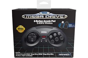 Retro-Bit Official SEGA Mega Drive 8-Button 2.4Ghz Wireless Arcade Pad for MEGA DRIVE MINI CONSOLE, Sega Mega Drive Console, PC, Switch, macOS, Playstation 3, Steam, RetroPie, Raspberry Pi (Black)