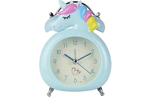 SWECOMZE Einhorn-Wecker für Mädchen und Kinder, niedliche Schlafzimmerdekoration, kein Ticken, geräuschloser Sekundenzeiger, mit Hintergrundbeleuchtung, super laute Doppelglocke, für Kinder (Blau)