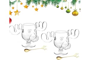 GENERIC National Lampoon’s Christmas Vacation Glass Moose Cup, Clear Thick Glass Christmas Eggnog Mug with Spoon, National Lampoon’s Style with 3D Antlers, Festive Hot/Cold Drinkware (A-2PC)
