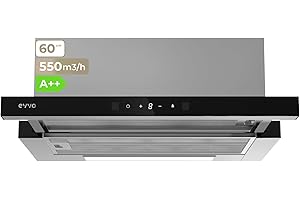 EVVO Campana Extractora 60 cm Telescópica, Potencia 550 m³/h, Luz LED, Filtro Aluminio y Carbon, Control Gestual, Acabado Inox Frontal Cristal Negro, Eficiencia Energética A++, 3 Velocidades