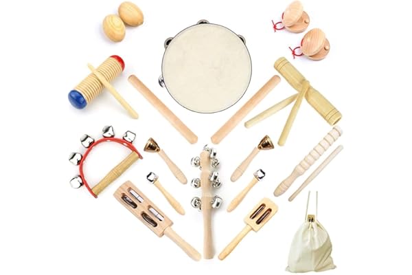 Instrument de Musique Enfant, ULIFEME 23 Pièces Instrument Musique Bois pour Bebe, Ensemble de Jouets 100% Bois Pur, Kit Rythmique de Percussion Premium, Cadeau pour Bébé, Rangement de Sac en Coton