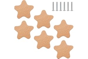 Jolan 6 Piezas Tiradores De Armario,Tiradores Cajones,Manillas Estrellas/Luna/Nubes/Melocotón Corazón Tiradores De Muebles,Pomos De Armario De Madera,Tiradores De Puerta Con Tornillos,Star