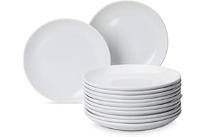 Amazon Commercial Zestaw talerzy obiadowych, 12-częściowy porcelana, 22,86 cm szerokości, biały