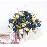 4 Bouquets of Artificial Roses Artificial Flowers for Tombs (Dark Blue) | Silk Memorial Flowers, Realistic Long Stem Rose wit