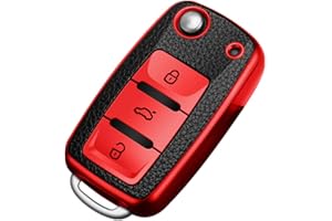 Happyit TPU + Funda de Cuero de la Cubierta de la Llave del Coche Compatible con Volkswagen VW Bora Beetle Tiguan Polo Passat B5 B6 MK5 6 Jetta EOS Seat Sagitar Golf 6 3 Botones (Rojo)