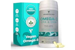 Vegetology, Vegan Omega 3 Capsules High Strength, 800mg of EPA DHA from Algae Oil, with Added Vitamin D3, Supports Heart, Brain Function and Eye Health, 60 Capsules, UK Made