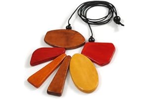 Avalaya Red, Brown, Orange & Yellow Eco-Friendly Wooden Necklace with Black Adjustable Cotton Cord – Geometric Shape, 100cm Max Length