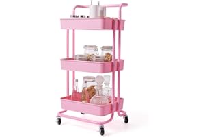 GYMAX Carrello Portaoggetti con Ruote, 3 Cassetti, Carrellino Organizzatore Salvaspazio, per Uffici, Parrucchieri, Studio, Soggiorno, 42x35x87cm (Rosa)