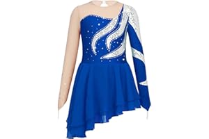 dPois Asymétrique Robe de Patinage Artistique Enfant Fille Paillettes Robe Danse Classique Manches Longues Brillant Strass Justaucorps Gymnastique Gym Ballet 5-16 Ans