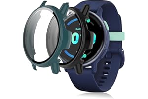 KUSINHOKA [2Pack] Case for Garmin Vivoactive 5 Tempered Glass Screen Protector，PC Hard Case Tempered Glass Screen Protection Cover Slim Full Cover Scratch Proof Protector，Black+Green