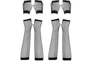 DULSPUE Guantes rejilla mujer - 4 Pares Guantes de Rejilla Largos y Cortos Guantes sin Dedos Guantes de Malla Red, Nailon Vintage para Fiesta Temática Retro Los 80 Accesorios para Disfraces Mujeres y Niñas