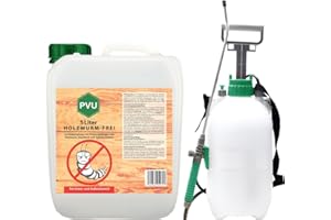 Pvu Holzwurmspray 5 Liter + Sprüher | farbloses Mittel gegen Holzwurmbefall | dauerhafte Wirkung zur Holzwurmbekämpfung | Holzwurmtod formuliert in Deutschland