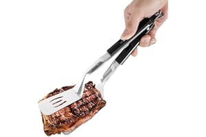 NQEUEPN Grill Clamp Spatula, 11.6 Inch Long Stainless Steel Extended Handle Spatula Tongs Anti-Scald Food Flipping Cooking Tongs Spatula for Steak Pancakes Barbecue Burgers Pizza BBQ (Black)