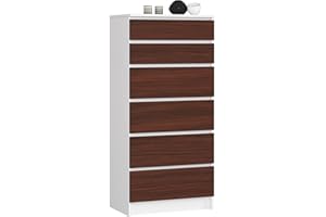AKORD Cassettiera K60 con 6 Cassetti | Credenza Alta | Moderna Mobiletto per Soggiorno Sala da Pranzo Camera da Letto Corridoio Bagno | Armadio Cameretta | 60x130x40 cm, 43kg | Bianco/Wengé