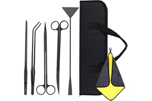 VavoPaw Strumenti Acquario, 5 in 1 Set di Strumenti per Acquario, Pinzette Dritte e Curve, Forbici Dritti e Curvi, Spatola Accessori per Piante Acquatiche, con Custodia e Asciugamano - Nero