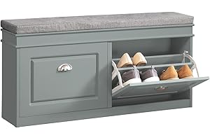 SoBuy Meuble Chaussure Rangement Chaussure Banc Chaussures Entrée - 2 Abattants avec Coussin Amovible, Coffre de Rangement Étagère pour Entrée Étroit Bois Laqué, L104xP24xH51cm, Gris, FSR64-HG