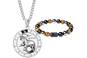 Caimeytie Ensemble collier et bracelet signe du zodiaque pour homme - Collier de constellation - Pendentif en acier inoxydable - Bracelet de perles élastique - Cadeau d'anniversaire
