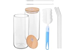 Revivoer Copas de Agua, 2 Piezas 500ML Vasos de Cristal Pajitas de Vidrio con Reutilizable Tapa de Bambú, Tazas de Cafe Perfectos para Preparar Bebidas Frías Como Iced Coffee e Cócteles