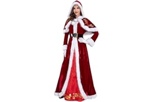 Routefuture Costume de Noël Fête Robe Vêtement Déguisement Mère Noel Cosplay pour Femmes Cape Rouge