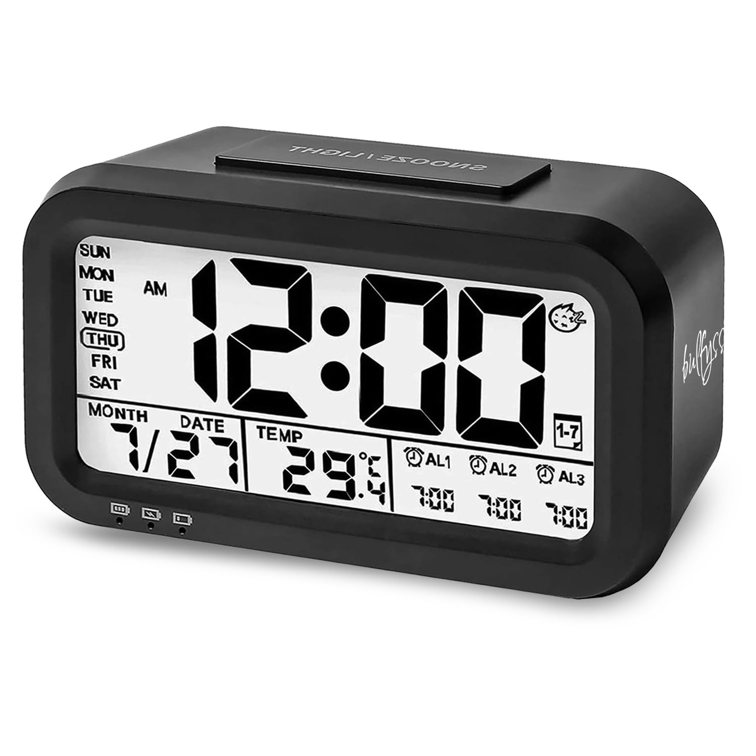 Bulfyss USB Rechargeable Digital Alarm Clock, Date, Temperature, Backlight LCD Display Smart Clock with 3 Alarms Bedroom Tabl