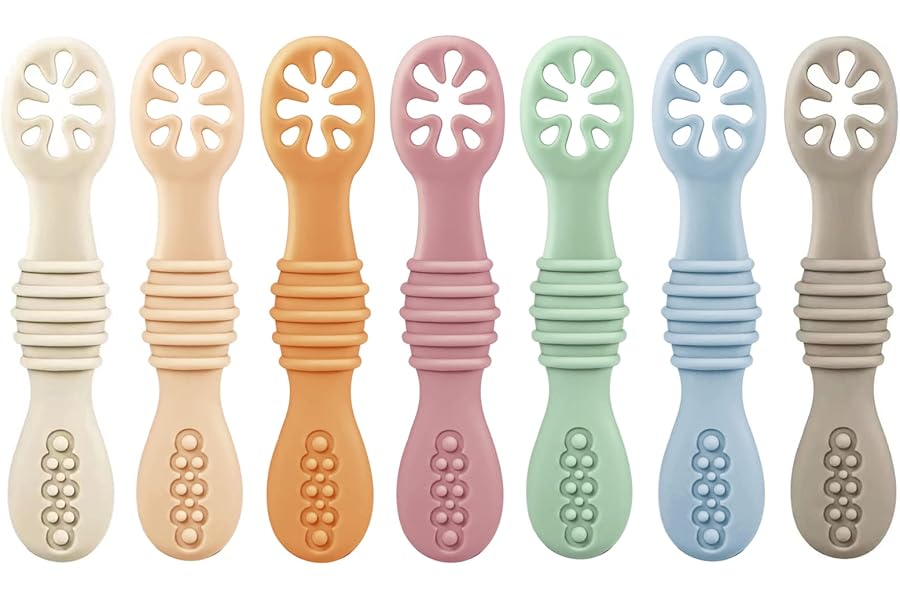 PandaEar 7 Pack Silicone Weaning Spoons - Self Feeding Toddler Spoons for 4-6 Months, Baby Led Weaning