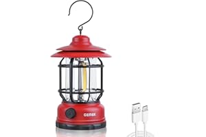 GEMEK Camping Lantern Rechargeable, Retro Metal Camping Light, Hanging Dimmable COB Brightness Tent Light for Camping, Emergency, Fishing, Hiking etc (Red)