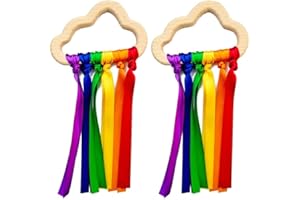 Koowaa 2 Stück Regenbogen Holzband Ring Spielzeug, Band Wind Wand Tanzen Band Streamer Lernen pädagogische sensorische Spielzeug für Geburtstagsfeier Gefälligkeiten