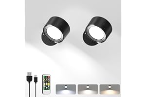 LIGHTBIZ LED Wall Lights with Remote, 2 Pcs Rechargeable Wall Mounted Reading Sconces Lamp 3000mAh, 3 Colors & Dimmable Magnetic 360° Rotation Wall Lighting Spotlights for Bedroom Bedside