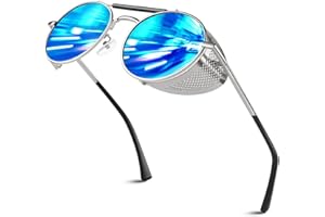 SUNIER Retro Round Polarised Steampunk Sunglasses Side Shield Goggles Gothic Sun Glasses with 100% UV400 Protection